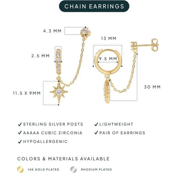 14K Gold Chain Earrings Double Piercing Dangle Hoop CZ Pearl Stud Earrings Women - Picture 3 of 6